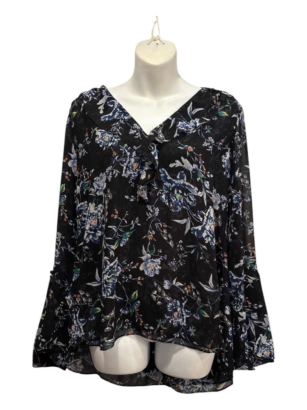 White House Black Market Black Floral V-Neck Ruffle Blouse w/bell sleeves SZ12